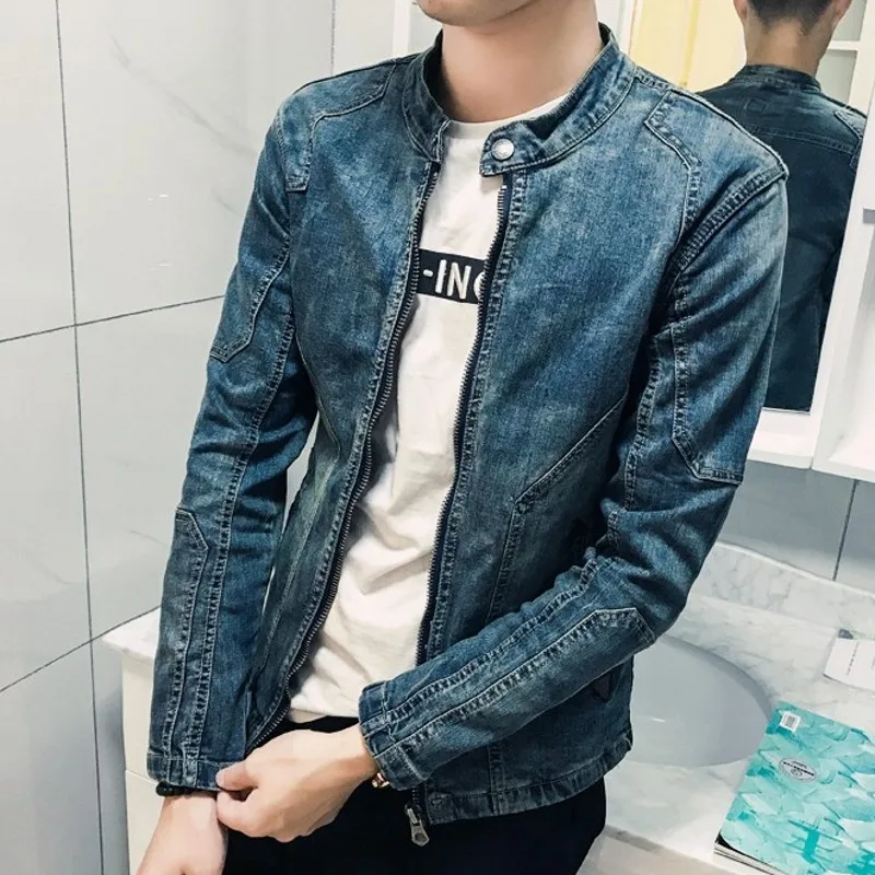 Spring Autumn New Long Sleeve Zipper Mens Denim Jackets Fashion Stand Collar Slim Fit Casual Cowboy Outerwear Coats Plus Size | Мужская