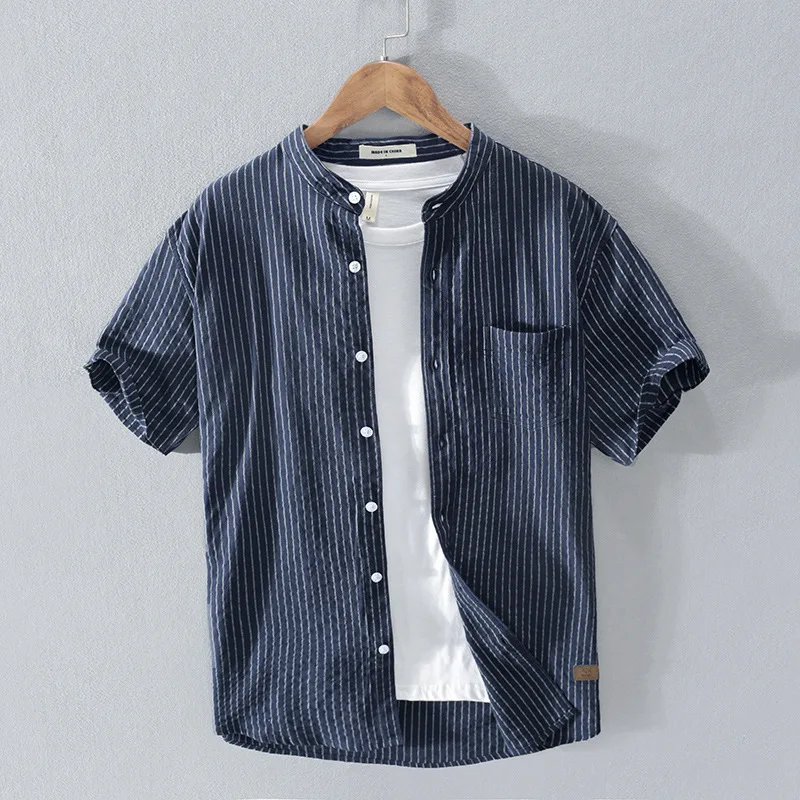 

RC216 Summer Vertical Striped Shirts Premium Cotton Japan Style Patchwork Stand Collar Pocket Short Sleeve Daily Simple Tops