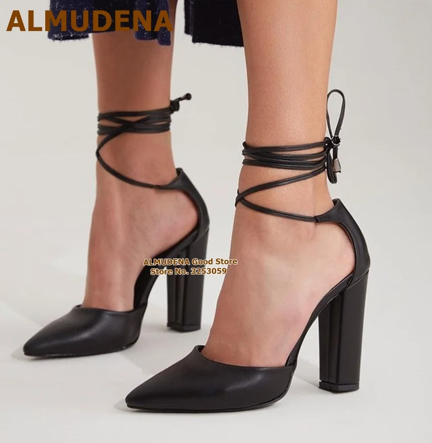 

ALMUDENA Nude Black Matte Leather Chunky Heel Pumps Lace-up Pointed Toe Runway Dress Shoes Nice Banquet Party Heels Size46