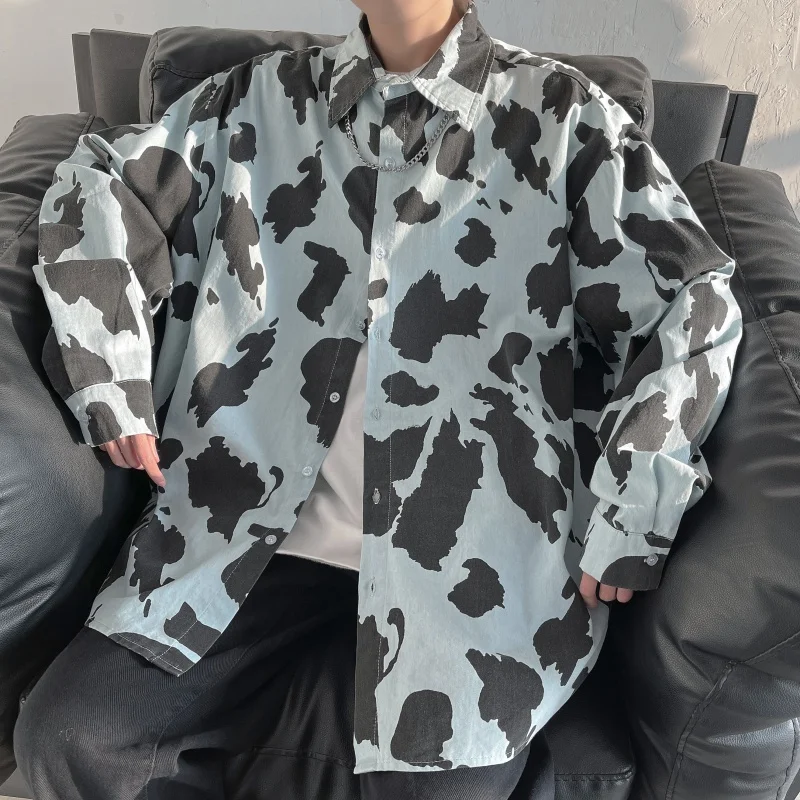 

2021 Men's Korean Shirts Cow Spots Print Long Sleeve Shirt Harajuku Men Clothing Loose Vintage Camisa Hip Hop Streetwear Chemise