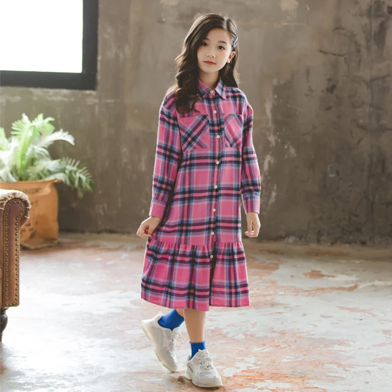 Платье для девочек от 10 до 12 лет фиолетовые длинные блузки в клетку платья