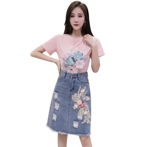 Летний комплект для девочек из бисера с вышитыми цветами; Хлопковая футболка с короткими рукавами и джинсовая юбка комплект из двух предметов женские футболки костюм с джинсовой юбкой, комплекты одежды
