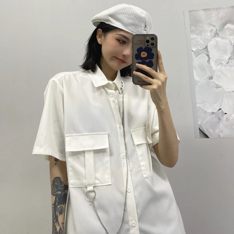 

Korean Fashion Unique Street Ruffian Boyfriend Chain Shirt Blouse Short Sleeve Casual Loose Men and Women Retro White Shirt 2021