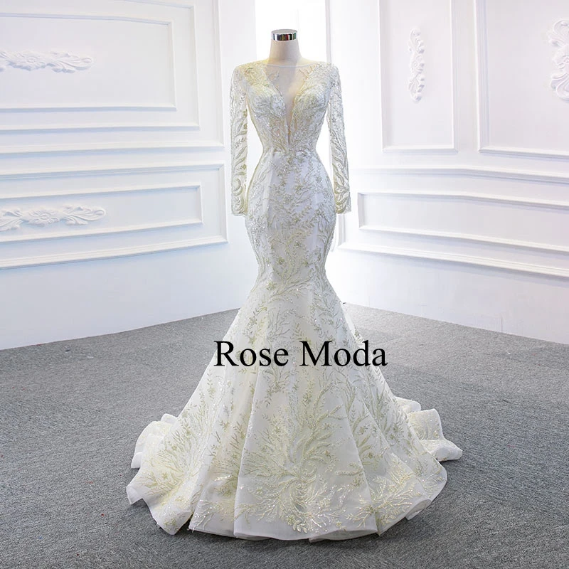 Rose Moda Luxury Long Sleeves Beaded Lace Mermaid Wedding Dress with Removable Skirt Custom Make