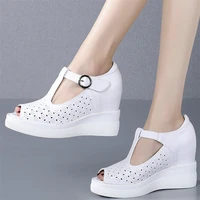 buckle strap mary janes women genuine leather wedges high heel gladiator sandals female summer open toe pumps shoes casual shoes