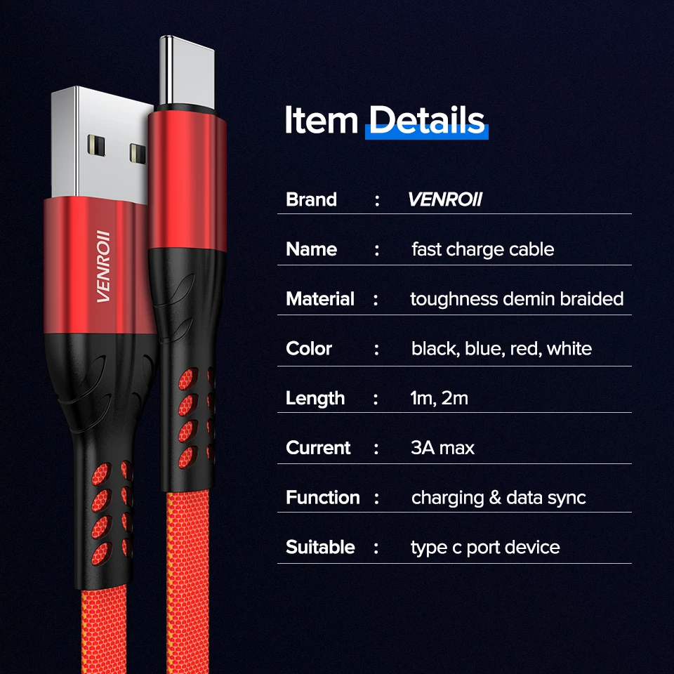 Venroii 3A Quick Charge 3,0 usb type C кабель для быстрой зарядки USBC кабель для Honor 10 type-C телефонный шнур для Xiaomi Redmi Note 7 Mi9