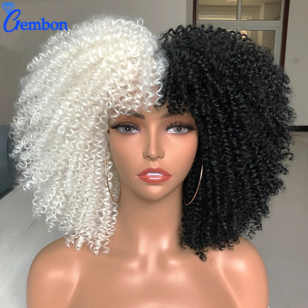 

Short Hair Afro Kinky Curly Wig With Bangs Loose Synthetic Cosplay Fluffy Natural Wigs For Black Women High Temperature GEMBON