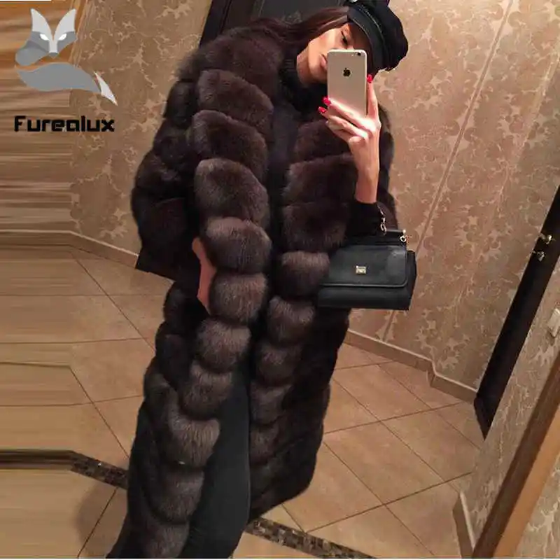 Женское пальто из натурального Лисьего меха Furealux роскошное длинное со съемным