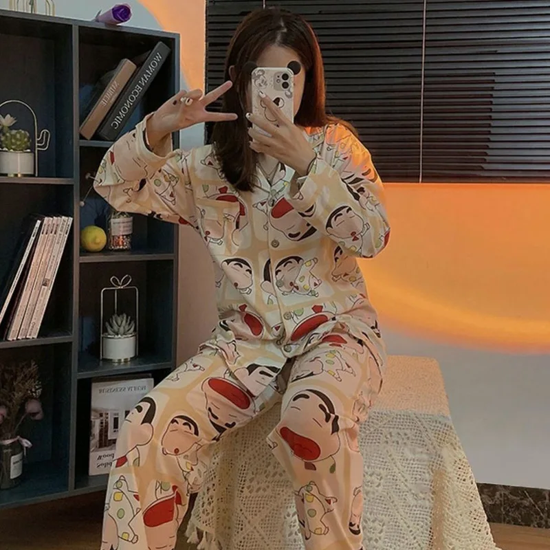 Long Sleeve Pajamas Autumn Trousers Suit Printing Cartoon Fashion Pyjama Set Large Size Nightwear Home Service