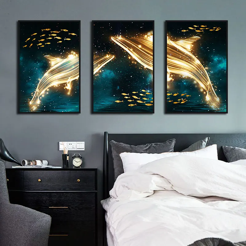 

Wall Art Abstract Golden Dolphin Fishes Paintings Nordic Canvas and Posters Prints for Living Room Bedroom Corridor Decoration