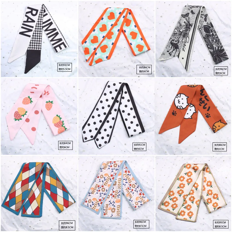 

Multicolor Printed Silk Scarf Headband Hair Bands Female Binding Accessories French Ribbon Bow for Bag Decoration Style 42-81