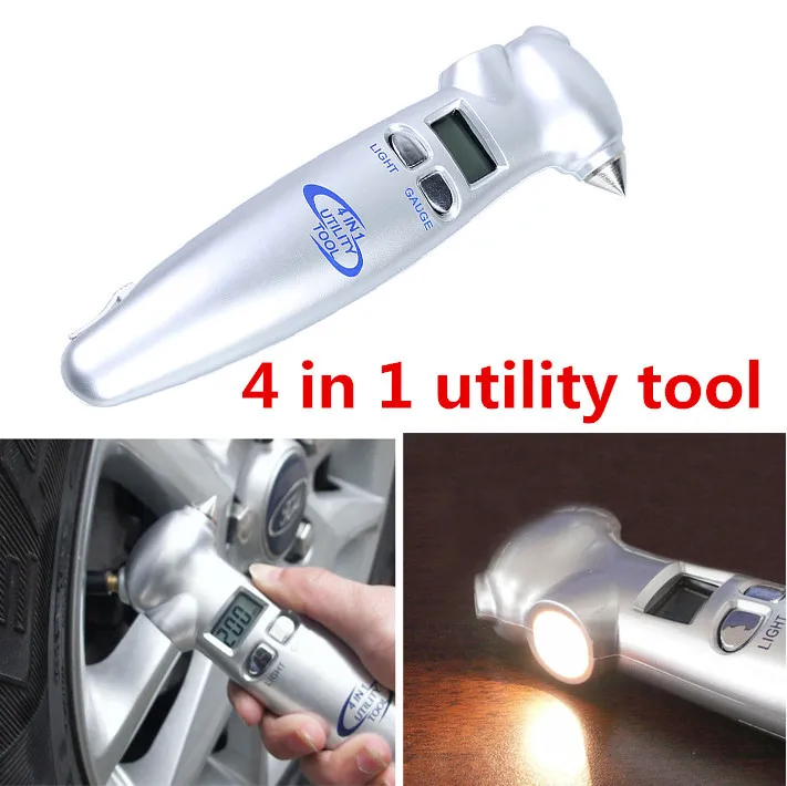 

High Precision 4 in 1 Digital LCD Car Auto Tire Gauge Tyre Meter Pressure + Automobile Emergency Hammer + Flashlight + Cutter