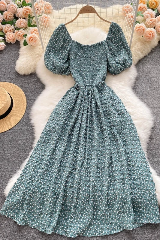 

Puff sleeve dress women's Square Collar elastic print A-line dress summer new streetwear gown vestidos Robes