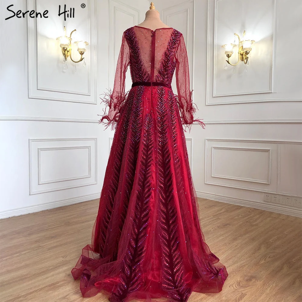 Роскошные синие платья Дубая для выпускного вечера с длинным рукавом перьями