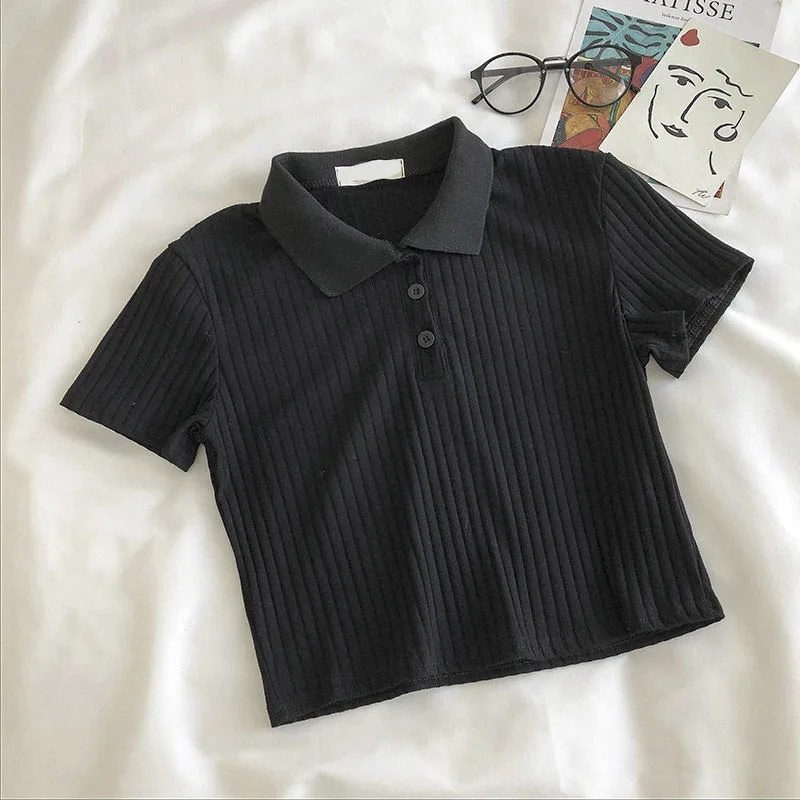 

2021 New Women Tshirt Crop Top harajuku vintage tops dropshipping tees kpop aesthetic korean style Short Sleeve Solid POLO Shirt