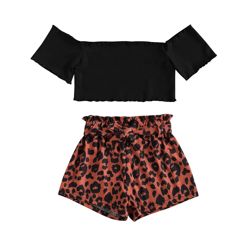 

Girl’s Short Sleeve and Shorts Set Fashion Solid Color Boat Neck T-shirt and Leopard Short Pants