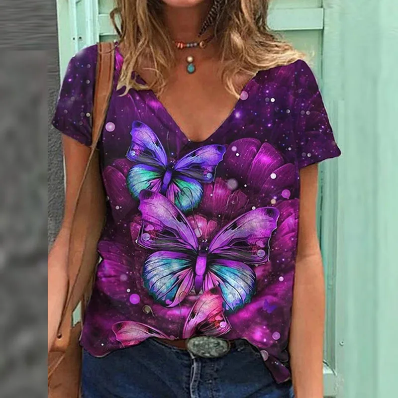 

Women's Summer Fashion Butterfly Printed Short Sleeve Graphic T Shirts Cotton Plus Size Tops XS-5XS