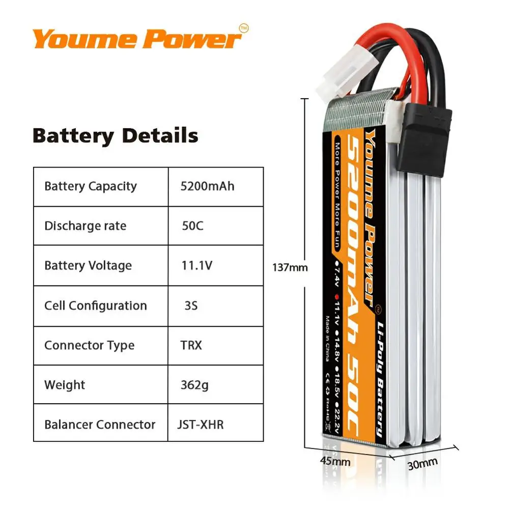 Youme 3s lipo батарея 11 1 v 5000mah 5200mah 50C с разъемом Deans для trex 1/12 1/10 RC автомобиль грузовик