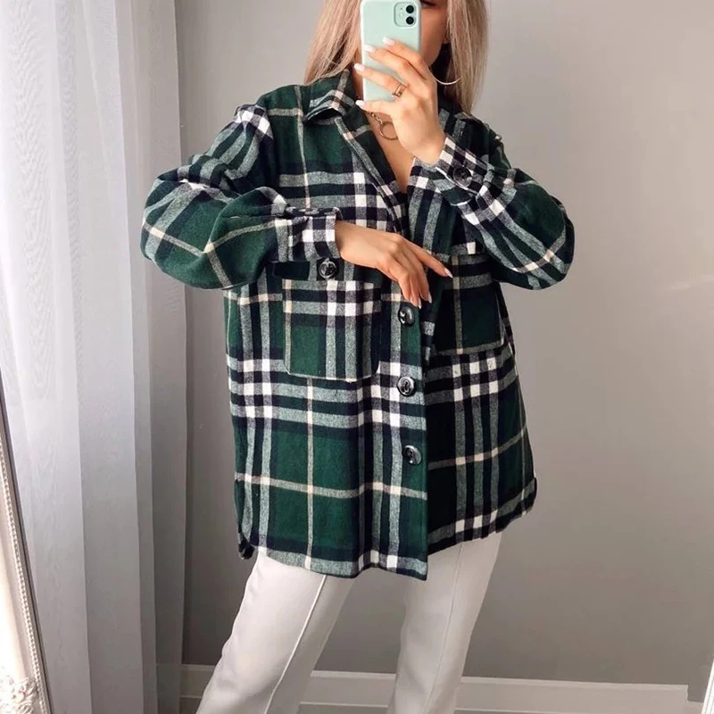 

Женская рубашка в клетку, с отложным воротником и длинным рукавом