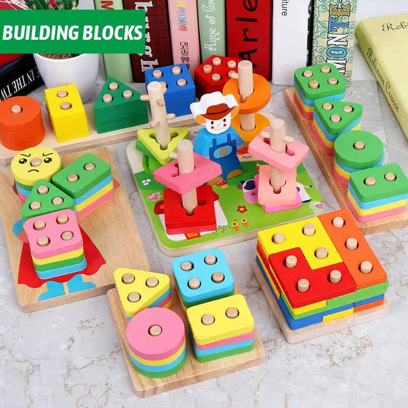 

Wooden Geometric Shape Cognitive Pairing Building Block Set Montessori Baby Early Educational Color Cognitive Toys For Children