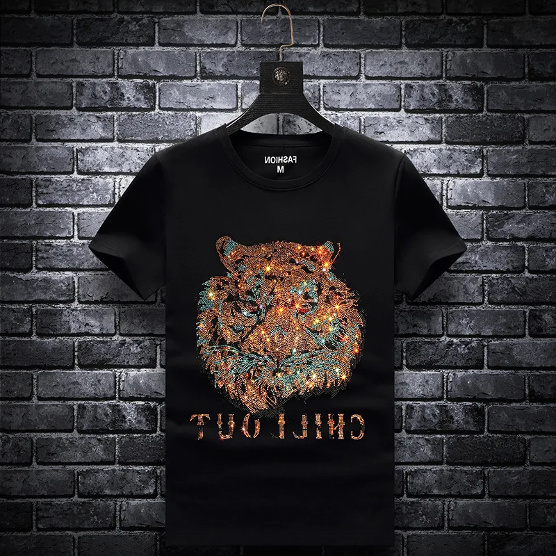 

Bright Rhinestones 2021 Tiger T Shirt Mens Fashion Clothing Streetwear Short Sleeve O Neck Modal Cotton Tshirts Camisetas Hombre