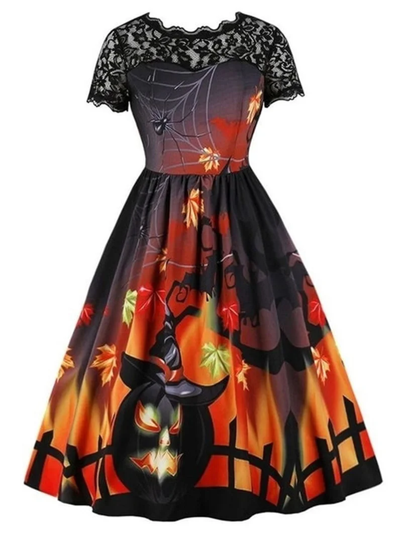 

Dress for Women Summer Best Seller Short Sleeve Pumpkin Print Lace Patchwork Dresses Gothic Skirt Halloween Cosplay Costume