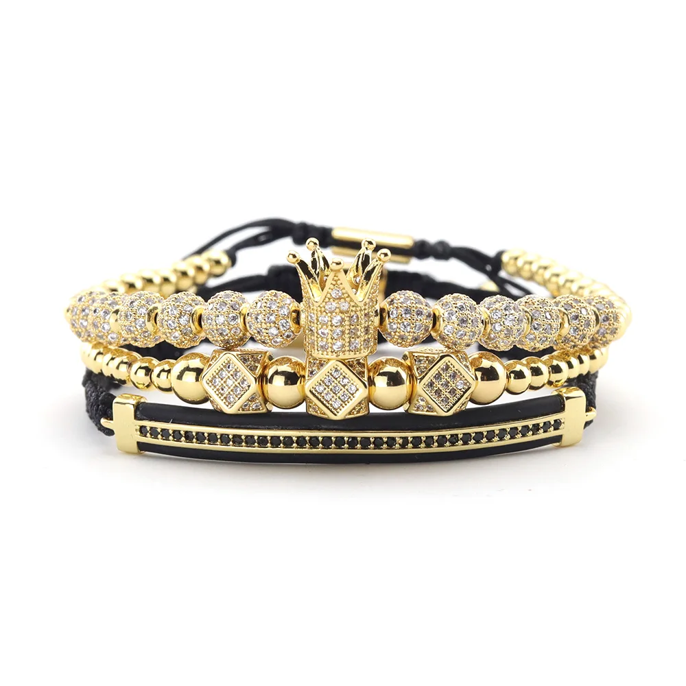 

3pcs/set Gold Luxury CZ crown Charm beads bracelet stacks handmade Macrame men bracelets & bangles for Men Jewelry accessories