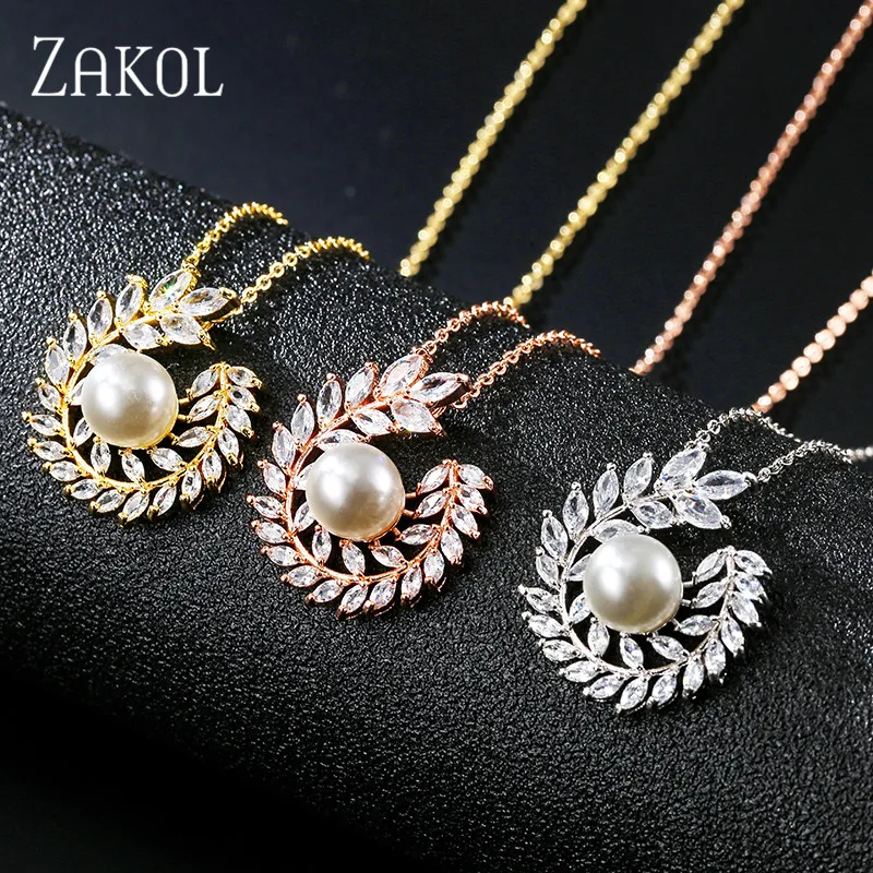 ZAKOL Elegant Cubic Zirconia Simulation Pearl Leaf Sweet Pendant for Women Wedding Dinner Party Birthday Gift Jewelry FSNP2128 | Украшения