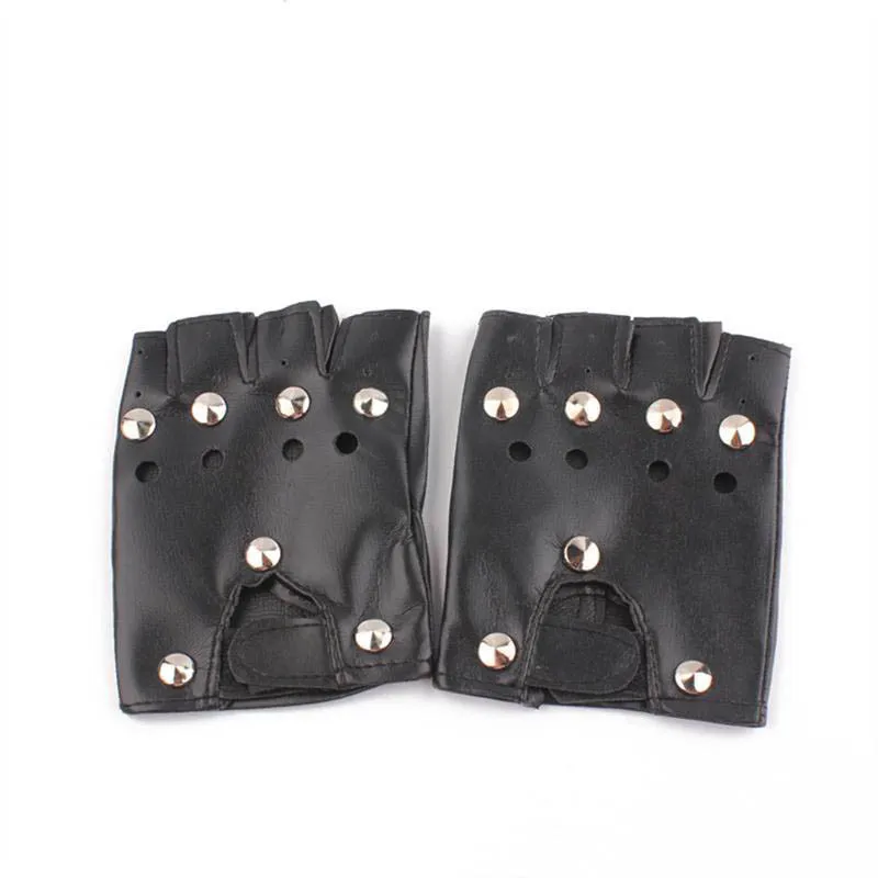 

1 Pair Unisex Artificial Leather Half-Finger Gloves Theatrical Punk Hip-Hop Driving Motorcycle Performance Fingerless Mittens