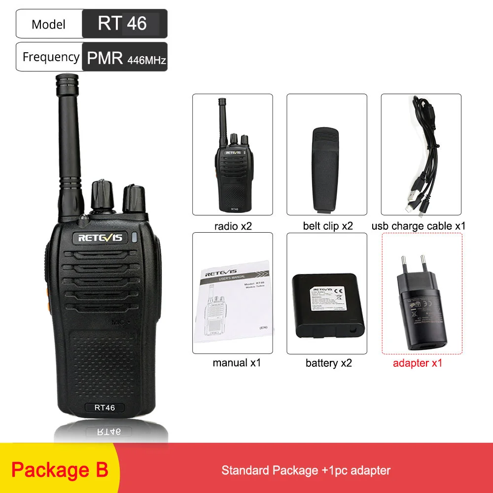 Package B Пара RETEVIS RT46 Walkie Talkie PMR радио PMR446/FRS Портативное двухстороннее радио VOX Micro-usb зарядка Li-Ion(или AA) батарея - Цвет: Package B