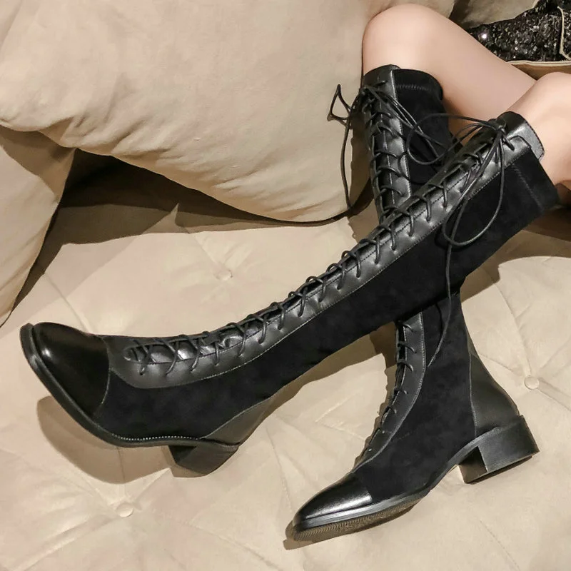 

Женские сапоги до колена на шнуровке EshtonShero, черные зимние кожаные сапоги на квадратном каблуке, с острым носком, размеры 3-11