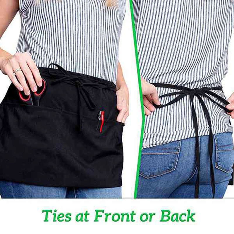 

4-Piece Server Apron with 3 Pockets Waiter Waist Apron Black Short Apron Kitchen Restaurant Tavern Half Apron Unisex