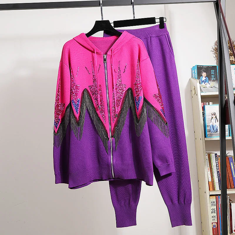 

Модный трикотажный комплект в стиле пэчворк с капюшоном, женские спортивные костюмы, свитер с цепочкой и кисточками ручной работы и штаны, ж...