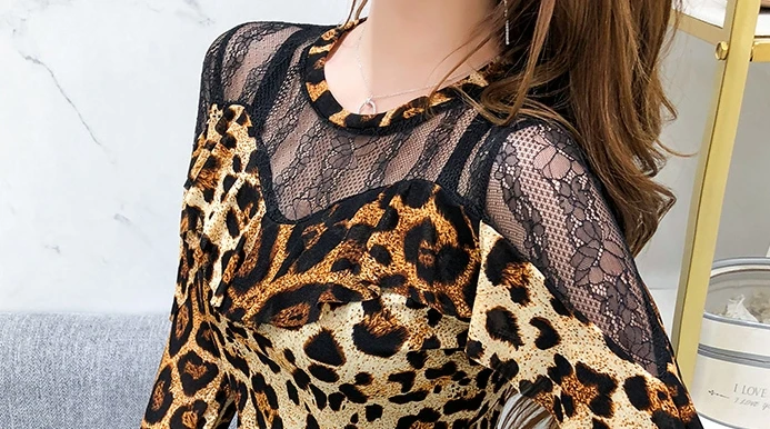 

Fall Winter European Clothes T-shirt Ruffles Sexy Print Leopard Patchwork Lace Women Tops Ropa Mujer Long Sleeve Tees T08644L