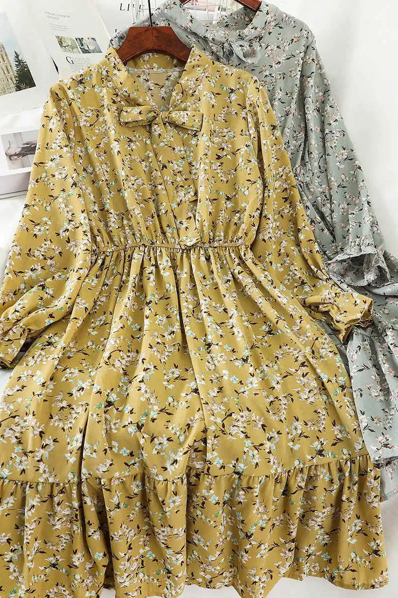 

M011 small, fresh and sweet Korean girl's tie collar, bow, broken flowers, thin and large Chiffon medium length dress