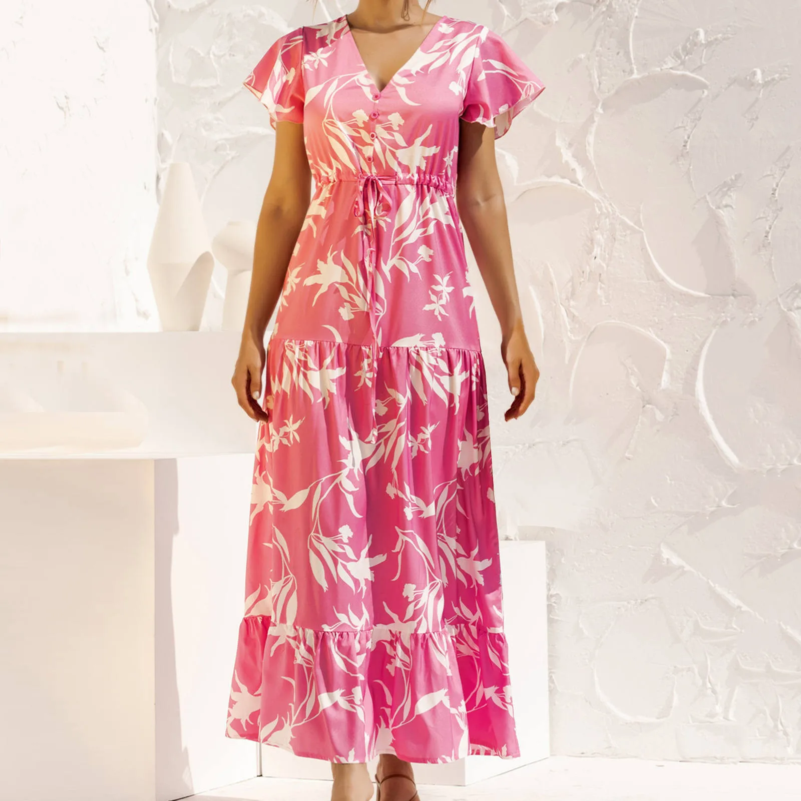 

Floral Maxi Dress for Women Summer Swing Beach Long Dresses Sundress Short Sleeve V Neck High Waist Long Flowy Dress