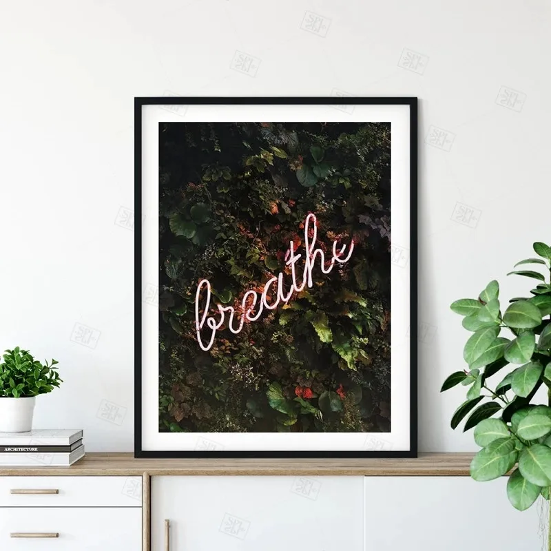 

Breathe Neon Sign with Tropical Plants Print Neon Wall Art Picture Canvas Painting Botanical Poster Home Room Art Wall Decor