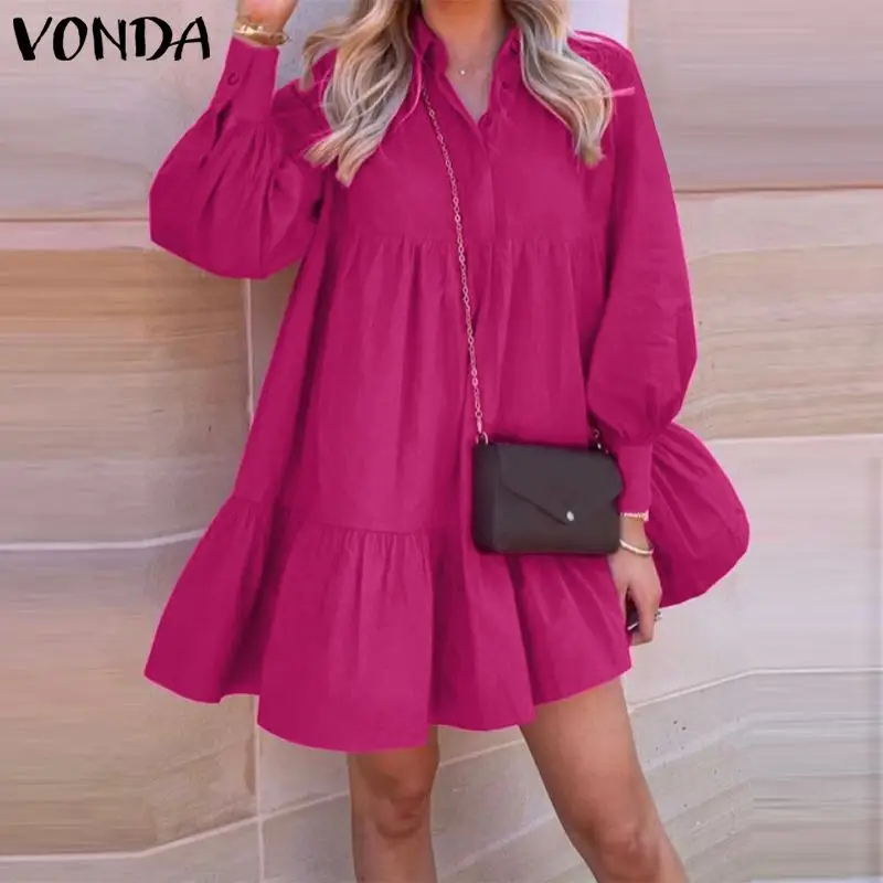 

VONDA 2021 Women Dress Lapel Collar Solid Color Pleated Puff Sleeve Mini Dresses Fashion Button Up Ruffled Hem Shirts Vestido