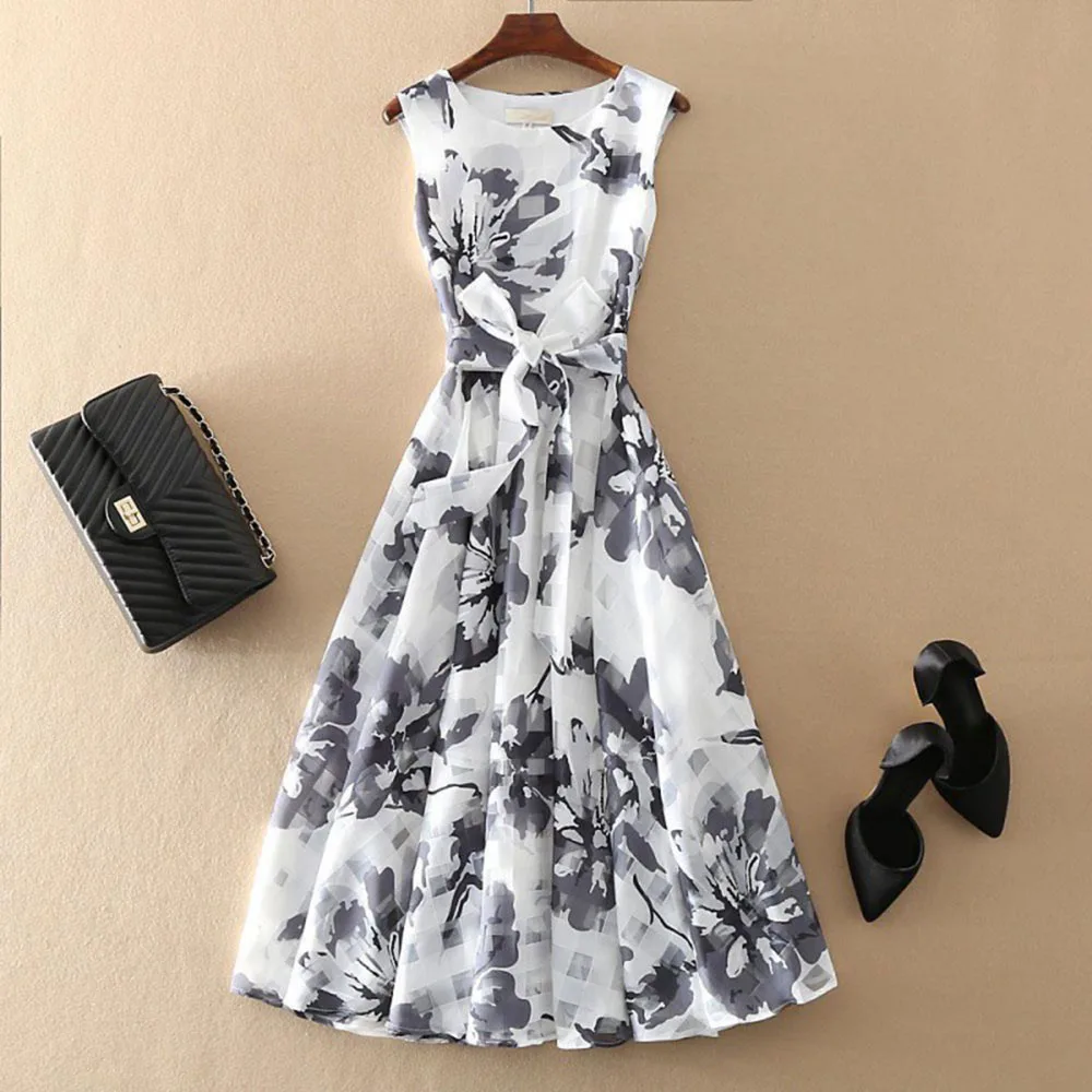 

Chiffon Printing Women's Dress Round Neck Bow Knot Sleeveless Ladies Fashion Casual Pullover Date High Waist Swing Woman Clothes