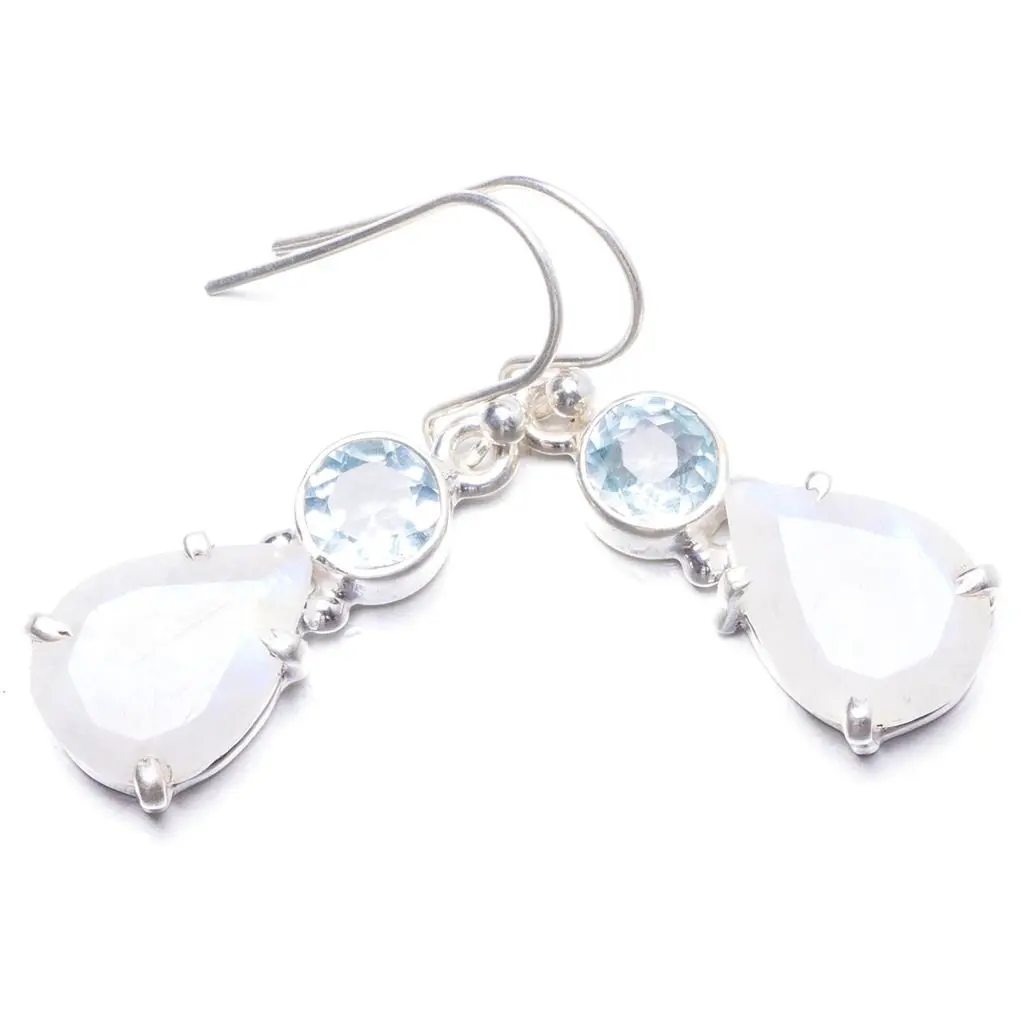 Natural Rainbow Moonstone and Blue Topaz Handmade Unique 925 Sterling Silver Earrings 1 1/4&quot Y2216 | Украшения и аксессуары