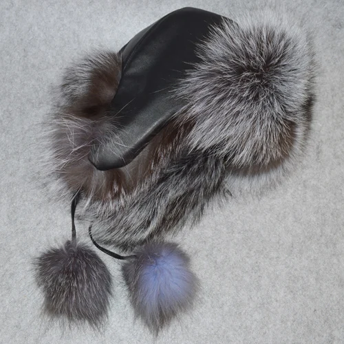 sliver fox fur 2 Натуральный Лисий мех шапки-бомберы зимние теплые женские пушистые шапки-ушанки из меха лисы Роскошные качественные женские шапки из натуральной кожи - Цвет: sliver fox fur 2
