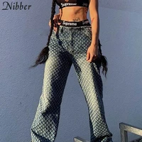 nibber fashion plaid hollow out hip hop pants womens jeans club 2021 y2k high waist loose street style demin color pants mujer