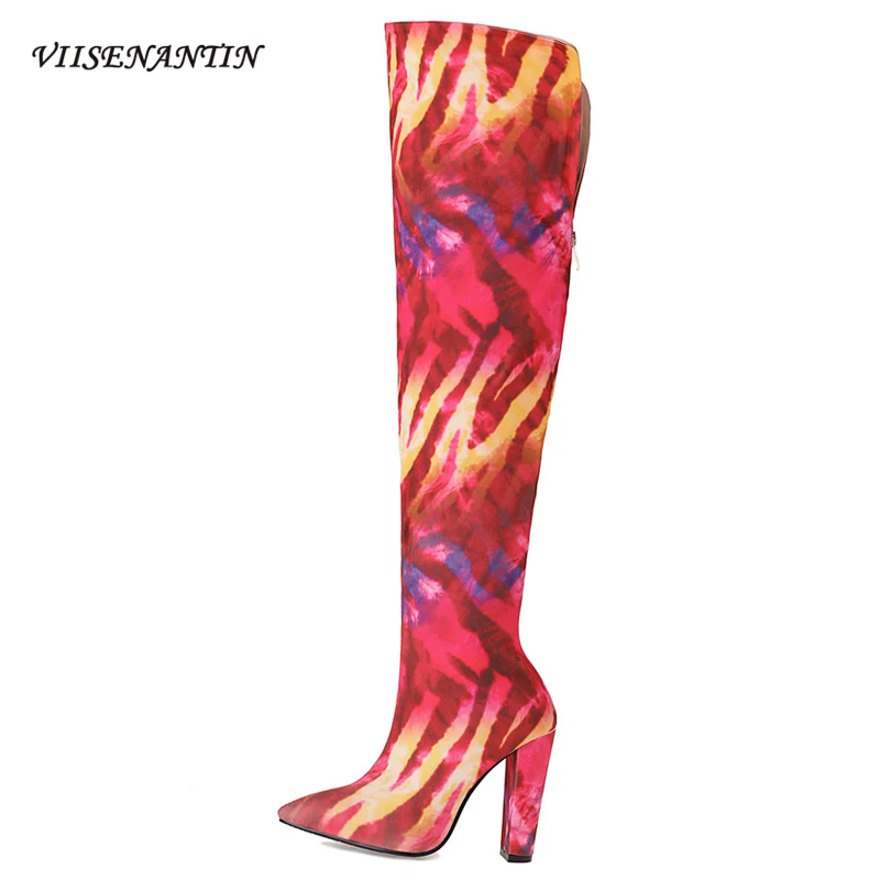 

Vintage Graffiti Mixed Color Pointed Toe Thick Heel Over The Knee Boots 2021 Colorful Zipper Super High Heel Long Knight Boots