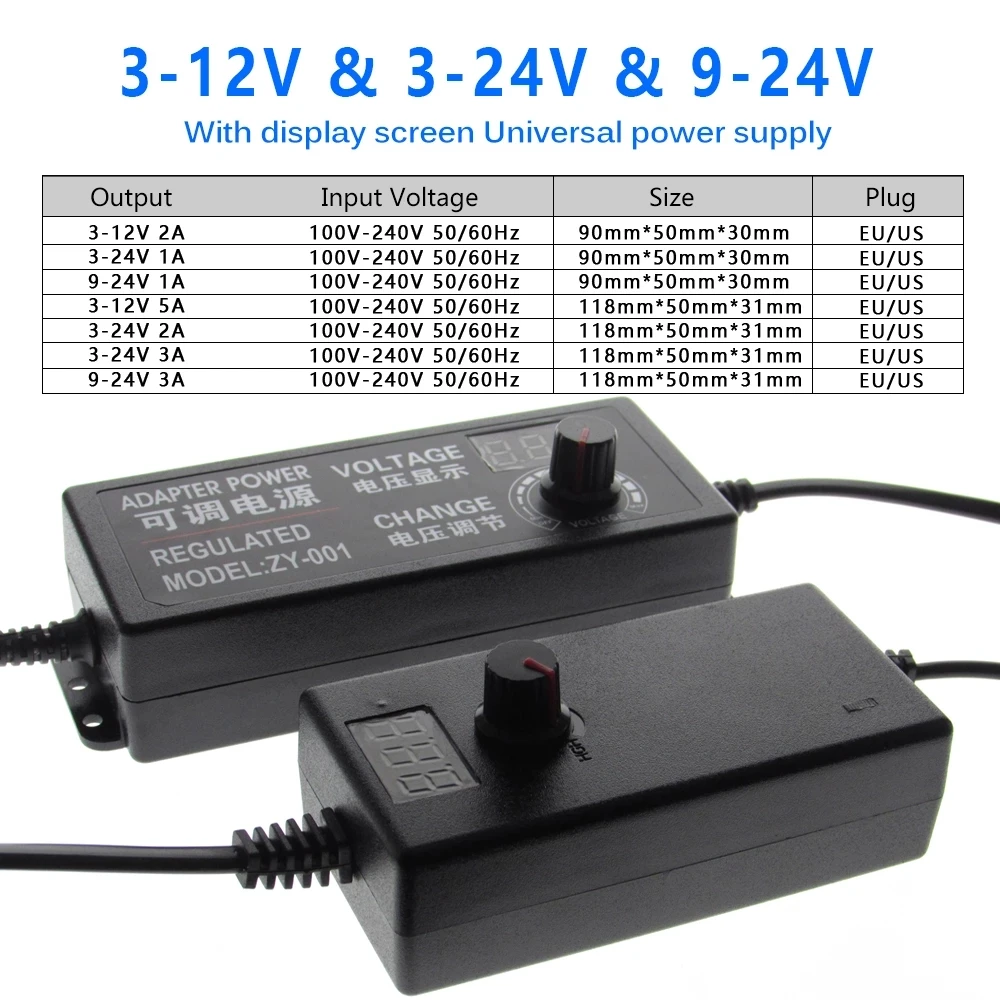 

DC 3-24V Adjustable Adapter With Display Screen CCTV System 5.5mmx2.1mm 2A 3A 5A Power Supply EU US Plug