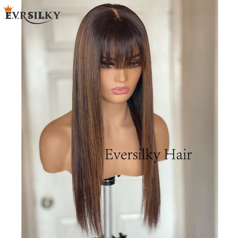 200Density Silky Straight Fringe Human Hair Wigs with Bangs Glueless Highlight Brown 13x6 Deep Part Lace Front Wigs Remy Hair