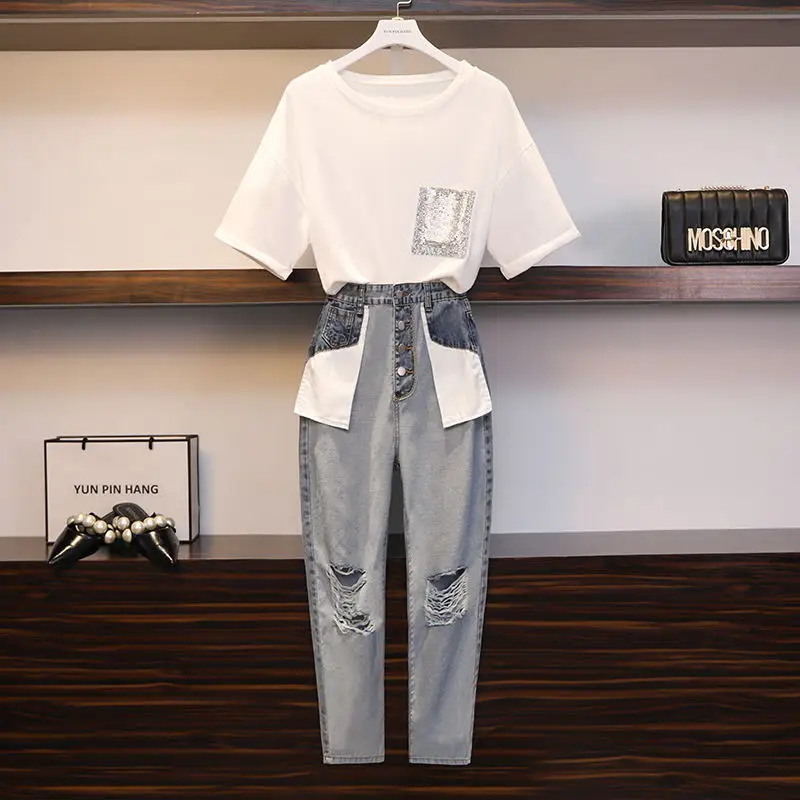 Новый Модный женский комплект из двух предметов с короткими рукавами блестками