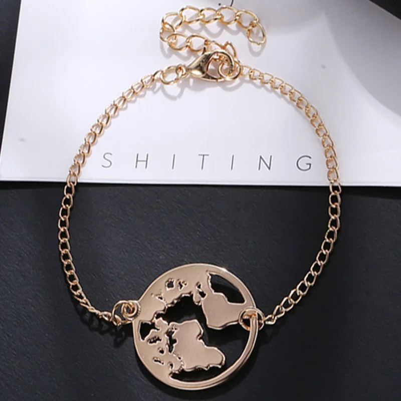 Fashion Link Chain Bracelet Map Charm Female Jewelry Friendship Gold Silver Color Black Globe World | Украшения и аксессуары