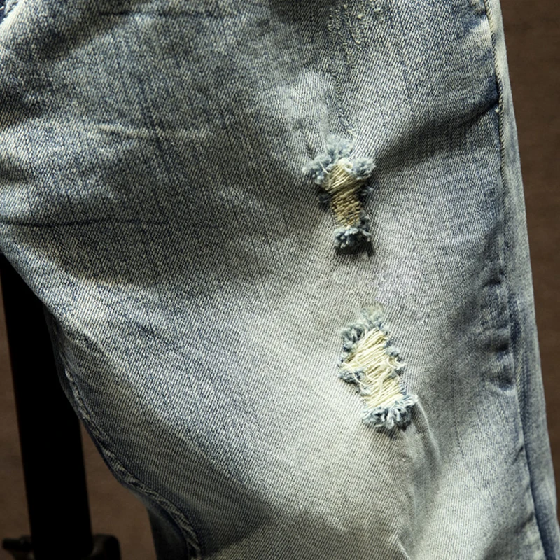 Мужские рваные джинсы синий стрейчевый облегающий весенне осенний джинсовый