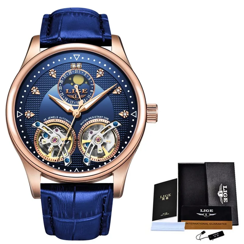 gold blue LIGE, Мужские автоматические механические часы, мужские Водонепроницаемые кожаные часы, Топ бренд, роскошные мужские деловые часы - Цвет: gold blue