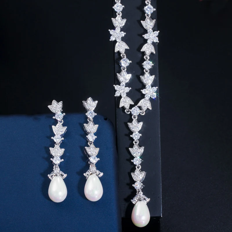 Pera Свадебные Элегантные серьги-капли с белым камнем CZ и жемчугом ожерелья